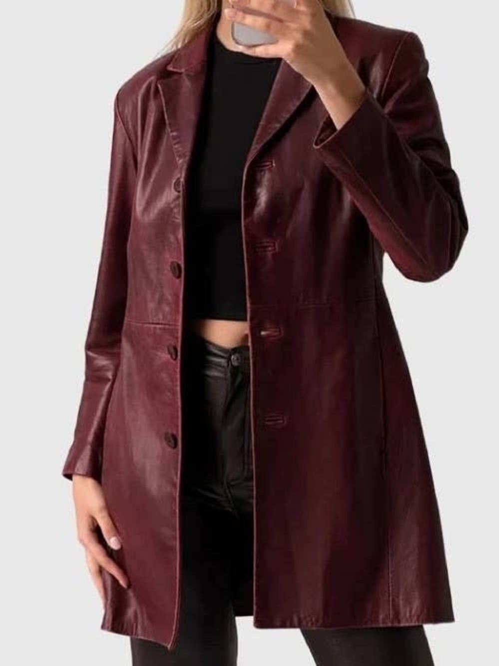 Women's Burgundy Leather Longline Blazer Jacket